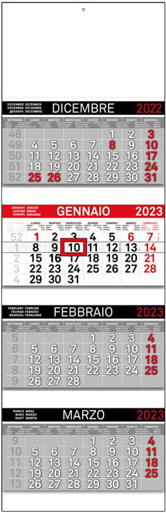 calendario quadrittico nero e rosso con 4 spirali o cordonato con interspazi f.to 32 x 100 cm