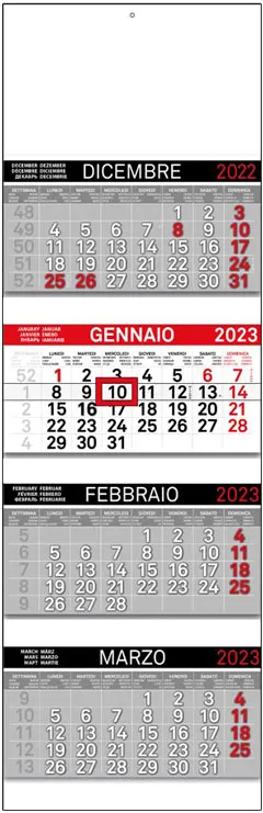 calendario quadrittico nero e rosso con 4 spirali o cordonato con interspazi f.to 32 x 100 cm