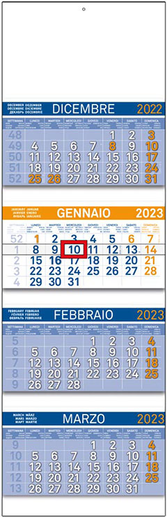 calendario quadrittico blu e arancio con 4 spirali o cordonato con interspazi f.to 32 x 100 cm
