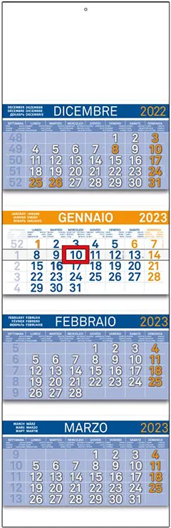 calendario quadrittico blu e arancio con 4 spirali o cordonato con interspazi f.to 32 x 100 cm